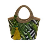 Colorful Jute Straw Beach Bag Green Leaves - Small