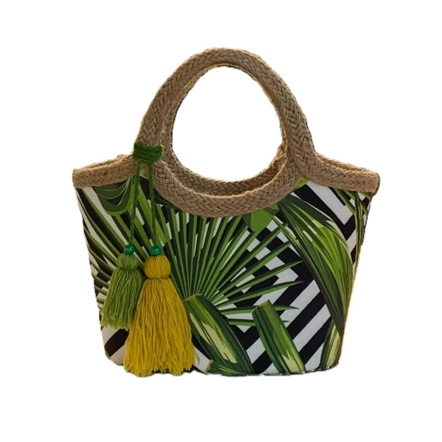 Colorful Jute Straw Beach Bag Green Leaves - Small1 Colorful Jute Straw Beach Bag Green Leaves - Small - Image 1