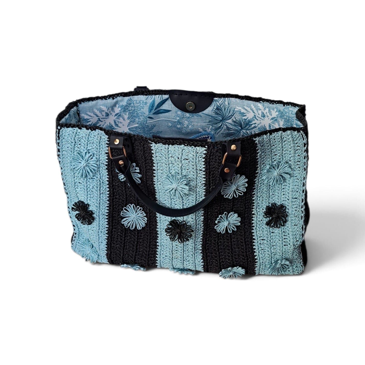 mav__2 Handmade Crochet Tote Bag – Blue & Black Large Shoulder Bag - Image 1